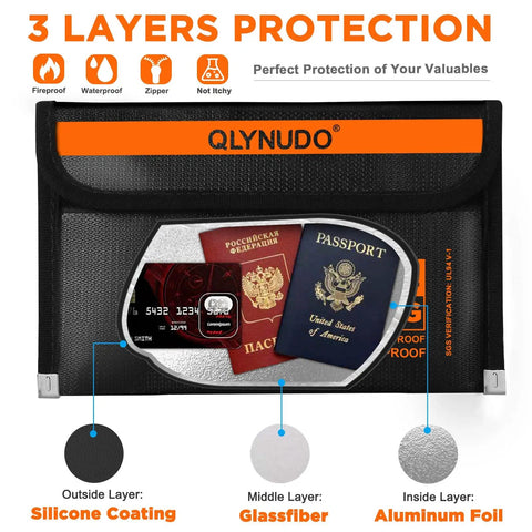 Stealth Nesting Fireproof Cash Bag Two Pack With Large And Small Inner Pouches, showing three-layer protection with passports inside.