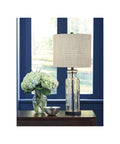 Ombre Glass Table Lamp With White Drum Shade And Silver Finish 28 Inch Tall Modern Bedside Or Vanity Light near window