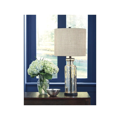 Ombre Glass Table Lamp With White Drum Shade And Silver Finish 28 Inch Tall Modern Bedside Or Vanity Light near window