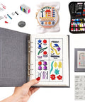 Beginner's Embroidery Stitch Book Kit With 138 Patterns, open page with colorful designs and tools displayed around.