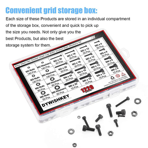 1220 Piece M2 M3 M4 M5 Hex Socket Head Cap Bolts Set With Nuts Washers Screws And Hex Wrenches In Twelve Point Nine Grade Alloy Steel Heavy Duty Kit with labeled storage box