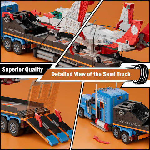Close-up of Flatbed Truck Building Set With Airplane 1468 Piece American Semi Truck Trailer STEM Toy features