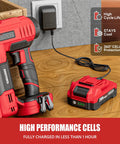 Cordless 18 Gauge Brad Nailer And Electric Stapler Duo With 2.0Ah Battery Charger next to 20V battery on wooden surface.