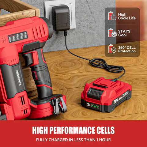 Cordless 18 Gauge Brad Nailer And Electric Stapler Duo With 2.0Ah Battery Charger next to 20V battery on wooden surface.