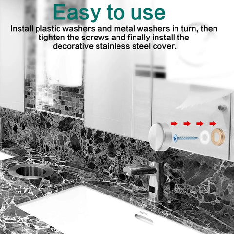 20 Pieces Stainless Steel Screw Cover Caps 0.63 Inch Diameter 16mm showing installation on mirror surface