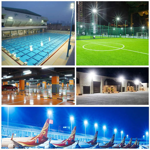 Image showing various outdoor spaces illuminated by 2 Pack 150W Led Flood Light Outdoor IP65 Waterproof 18000 Lumens Plug And Play Security Light Daylight White 6500K Super Bright 120 Degree Beam With Adjustable Angles For Yard Garden Patio Playground.