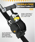 Close-up of Heavy Duty Self Retracting Ratchet Straps 10 Feet 1500 Lb Break Strength with retractability feature.