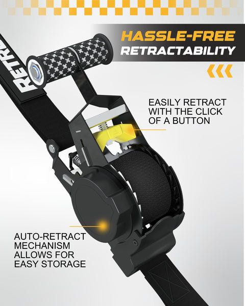 Close-up of Heavy Duty Self Retracting Ratchet Straps 10 Feet 1500 Lb Break Strength with retractability feature.