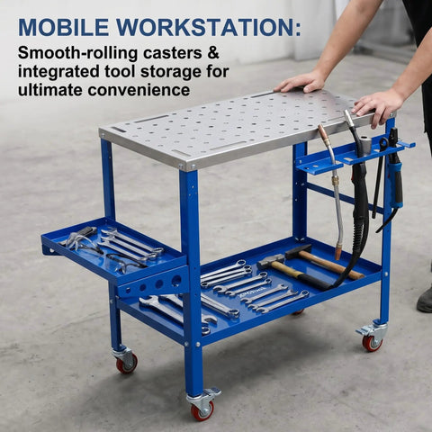 Hella Sturdy Carbon Steel Welding Table And Shop Ready Mobile Workbench 36 By 18 Inch with tool storage and casters