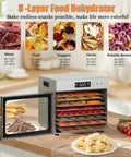 Eight Tray Food Dehydrator With Precise Digital Timer And Temperature Control High Speed Airflow Design Makes Nailing Homemade Beef Jerky And Dried Herbs A Total Breeze Daily with visible fruits and meats.