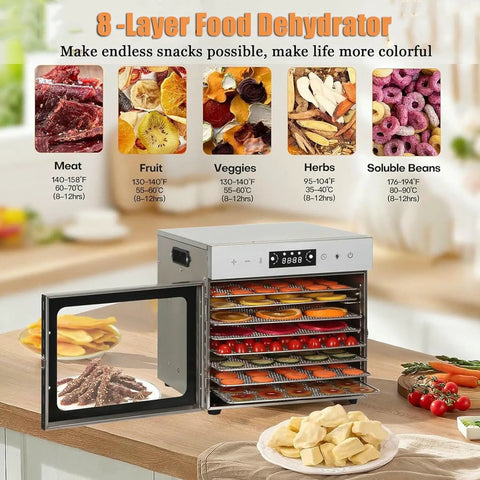 Eight Tray Food Dehydrator With Precise Digital Timer And Temperature Control High Speed Airflow Design Makes Nailing Homemade Beef Jerky And Dried Herbs A Total Breeze Daily with visible fruits and meats.
