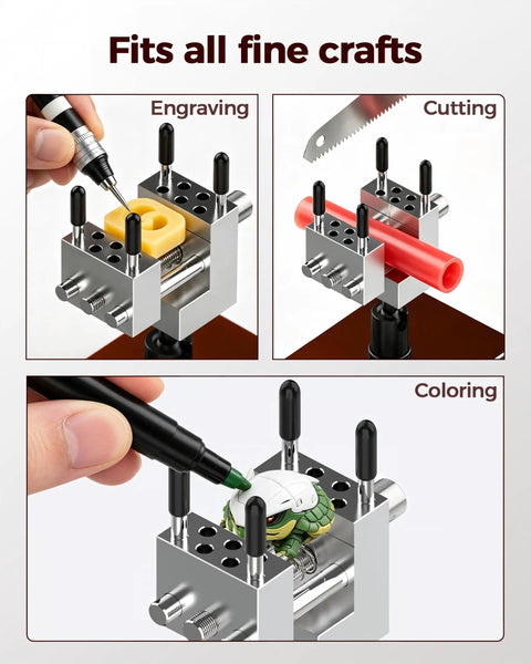 Slick Mini Bench Vise Featuring Sweet 360 Degree Rotating Ball Joint Base, Legit Aluminum Alloy Table Top Hobby Clamp Offering Flexible Multi Angle Tilting And Secure Grip For Gunpla Assembly Jewelry Repair Electronics Soldering Work, Rich Red, shown in use for engraving, cutting, and coloring.