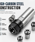 5/8-11 Angle Grinder Extension Shaft Adapter Set With ER16 Collets showcasing high-carbon steel construction.