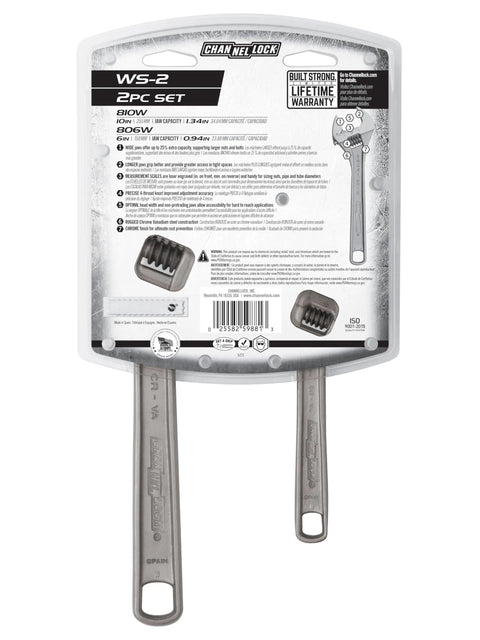 Back packaging of Wide Jaw Adjustable Wrench Set 6 Inch And 10 Inch Chrome Finish Heavy Duty Grips For Big Nuts And Bolts Thinner Jaws