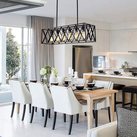 Rectangular Industrial Chandelier For Dining Room With Six E26 Lights, Black Metal Frame And Grille, overhead a dining table