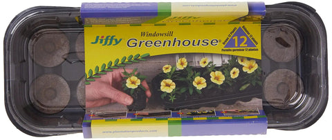 All In One Seed Starter Windowsill Greenhouse Kit with 12 Biodegradable 36mm Peat Pellets in packaging with flowers and tray