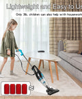 Child using Corded Vacuum Cleaner With 15KPa Suction 400W Motor 12 In 1 Lightweight Bagless Stick Vacuum on carpet in living room.