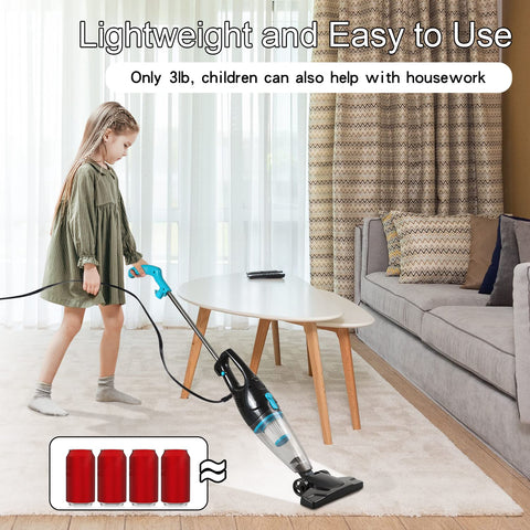 Child using Corded Vacuum Cleaner With 15KPa Suction 400W Motor 12 In 1 Lightweight Bagless Stick Vacuum on carpet in living room.