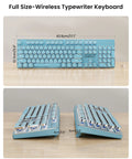 Top Shelf Retro Typewriter Mechanical Keyboard With Hella Crisp Blue Switches And Long Lasting Rechargeable Battery For Slick Triple Mode Gaming Setup Compatible On Windows Mac Pc Devices shown from top and side angles, displaying dimensions.