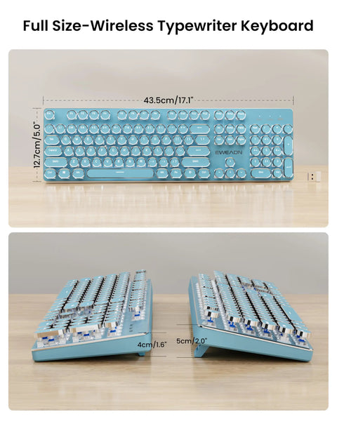 Top Shelf Retro Typewriter Mechanical Keyboard With Hella Crisp Blue Switches And Long Lasting Rechargeable Battery For Slick Triple Mode Gaming Setup Compatible On Windows Mac Pc Devices shown from top and side angles, displaying dimensions.