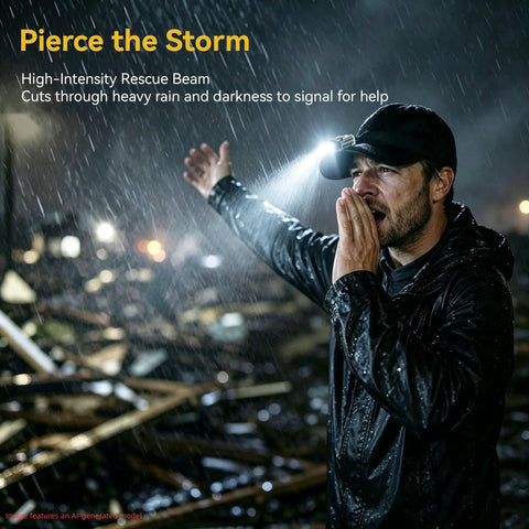 Person using 1200 Lumen Mini USB C Rechargeable Flashlight With Clip For Pocket EDC in rain, highlighting outdoor use