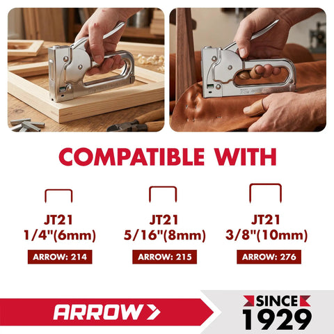 Light Duty Upholstery Staple Gun For Home And Workshop Accepts 1/4, 5/16, Or 3/8 Inch Staples, shown in use on wood and leather materials.