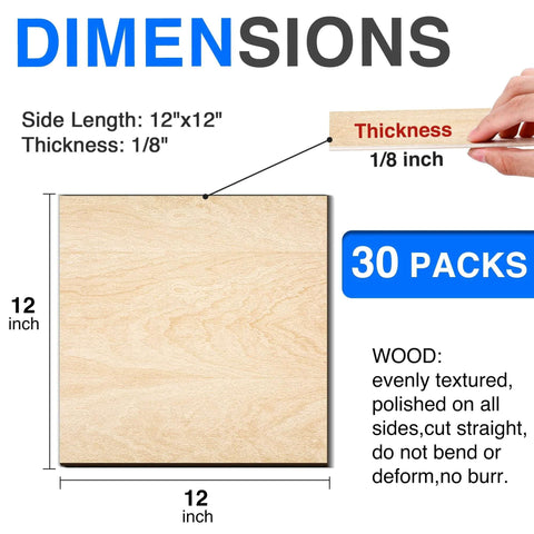 Front view of 12x12 inch basswood sheet, 1/8 inch (3 mm) thick, unfinished wood for laser cutting; part of a 30-pack