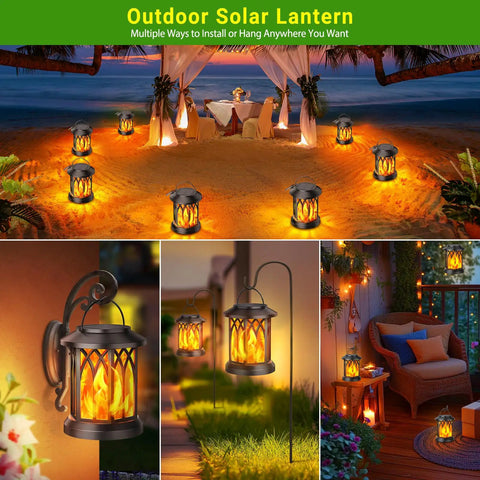 4 Pack Solar Lanterns Outdoor Lights With Upgraded Flickering Flame for patio and garden decor in a cozy outdoor setup