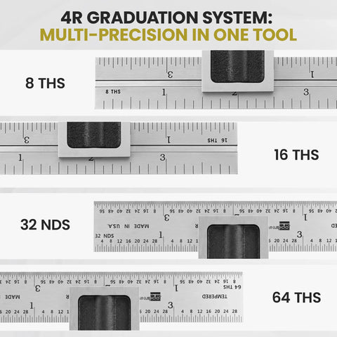 Reading Double Square For Precision Layout And Machine Alignment Adjustable 4 Inch Blade In Satin Chrome Hardened Steel Blade With Laser Etched 4R Graduations One Eighth One Sixteenth One Thirty Second One Sixty Fourth Built Tough For The Shop.