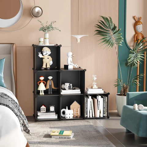 Six Cube Storage Organizer Set For Wardrobe And Home, Stackable Plastic Cubes Shelves with decor in living room