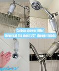 Four images showing different shower heads with universal carbon filters installed.
