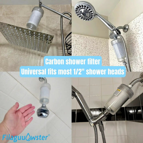 Four images showing different shower heads with universal carbon filters installed.