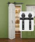 40 Inch Bifold Barn Door Hardware Kit For Double 18 Inch Bifold Doors installed in closet with 3.3 foot track system detail view.