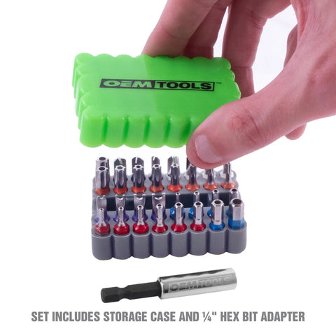 33 Piece Tamper Proof Security Bit Set With One Quarter Inch Hex Bit Holder Includes Torx Hex Tri Wing Spanner And Star Security Bits, shown in green case with bit adapter