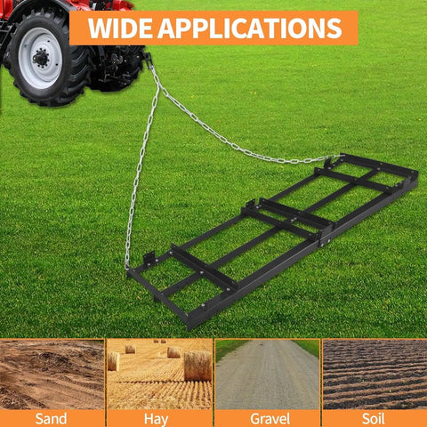 8 Foot Driveway Drag Harrow For ATVs And UTVs, Heavy Duty Steel Tow Behind Grader on grass field showing wide applications