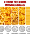 Heavy Duty Metal Pasta Press Attachment For KitchenAid Stand Mixer With Five Interchangeable Plates Lets You Make Spaghetti Bucatini Fusilli Large And Small Macaroni For Home Cooks showing pasta shapes and plates