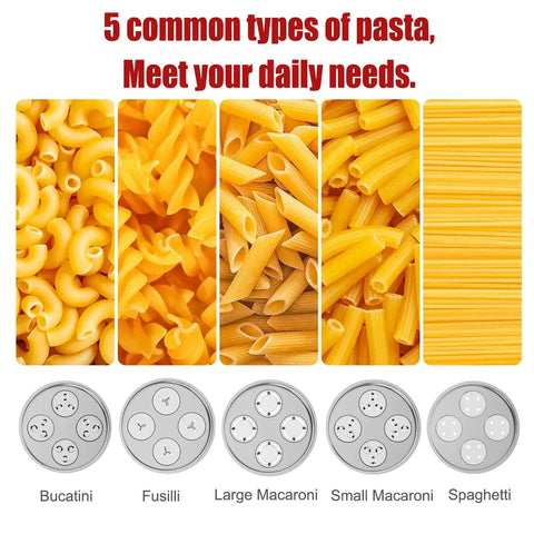 Heavy Duty Metal Pasta Press Attachment For KitchenAid Stand Mixer With Five Interchangeable Plates Lets You Make Spaghetti Bucatini Fusilli Large And Small Macaroni For Home Cooks showing pasta shapes and plates