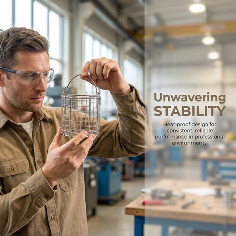 Man holding a Slick Heavy Duty Stainless Steel Ultrasonic Cleaner Basket With Fine Mesh And Swinging Handle for Jewelry Lab Equipment.