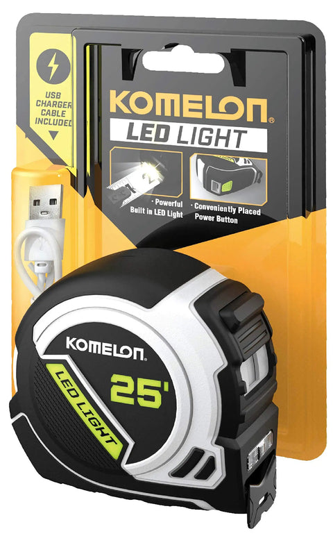 Rechargeable LED Light Tape Measure 25ft 1 Inch Tape With Slimline Case Nylon Coated Blade Non Glare White Blade packaging