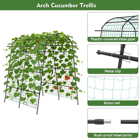 Tall Garden Arch Trellis For Climbing Plants Built Tough Heavy Duty Metal Tunnel Archway With Adjustable Base Width 87 Inch High Outdoor Arbor For Vines Vegetables Fruits Flowers And Squash with green vines and cucumbers
