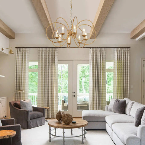 Modern Chandelier With Antique Brass Brush Finish And Geometric Shade, 8 Gold Ring Pendant Light Fixture in living room.