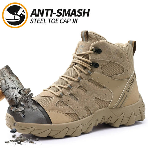 Heavy Duty Steel Toe Work Boots for Men Breathable High Top Safety Shoes Built Tough for Construction and Industry Premium Comfort Lightweight Yet Indestructible with Anti Puncture Kevlar Insole Brown showing front view with steel toe protection.