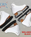 Hella Durable Ice Skate Guards And Blade Soakers With Heavy Weave Cotton Towel Set For Medium Blades Rust Resistant Steel Protector Sweet Ride Flat Black Coating placed on white ice skates.