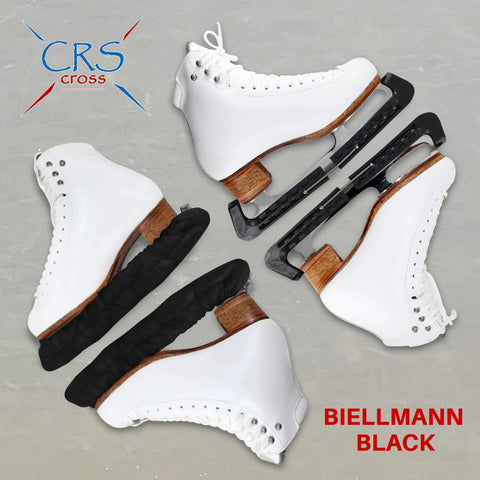 Hella Durable Ice Skate Guards And Blade Soakers With Heavy Weave Cotton Towel Set For Medium Blades Rust Resistant Steel Protector Sweet Ride Flat Black Coating placed on white ice skates.