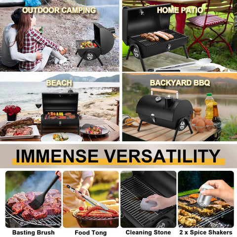 Image showcasing the Portable Charcoal Grill Set for Outdoor Grilling and Camping, Compact Tabletop Barbecue with tools and accessories.