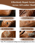 Heavy Duty Leather And Vinyl Repair Kit For Couches And Car Seats With Fast Acting Glue showing various leather damage examples.