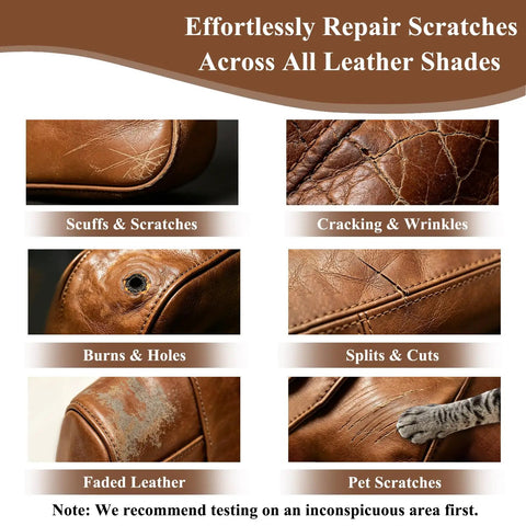 Heavy Duty Leather And Vinyl Repair Kit For Couches And Car Seats With Fast Acting Glue showing various leather damage examples.