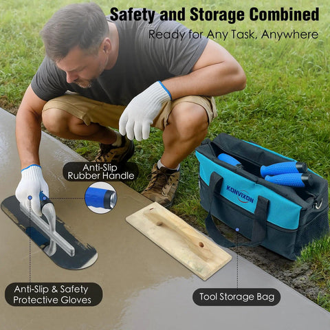 Man using Pro Grade Concrete Trowel Set With Wood Float And 10 Piece Masonry Tool Kit Including Flat Finishing Trowel.