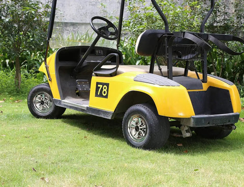 Yellow golf cart with 8 Inch Chrome ABS Wheel Covers Hub Caps For EZGO Club Car Yamaha Golf Carts Snap On Installation Set Of 4