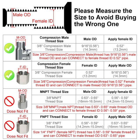 Size measurement guide for Brass Angle Stop Add A Tee Valve For Bidet Sprayer Systems, showing compression male and female thread sizes.